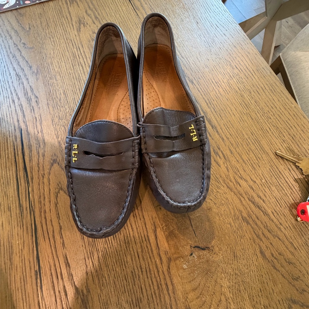Lauren Ralph Lauren Brown Leather Driving Loafers LRL Logo Driver Flats Size